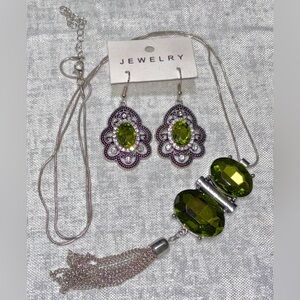 Olive Green Crystal Pendant Necklace and Earrings Set